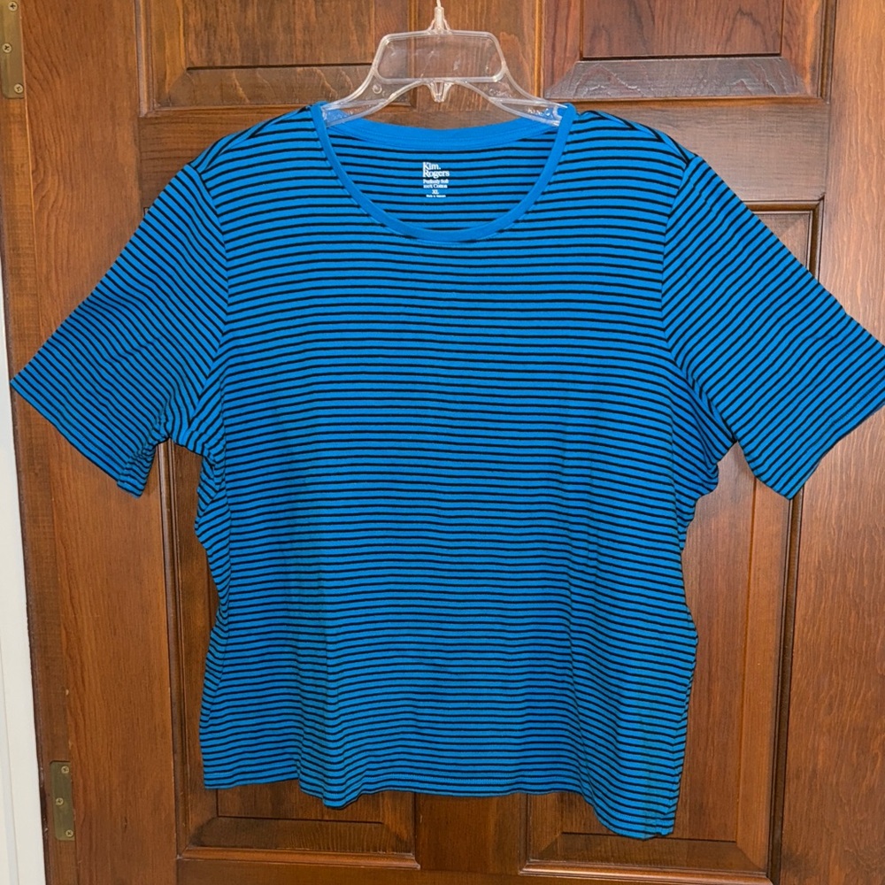 Kim Rogers Perfectly Soft blue black narrow stripe shirt-sleeve top XL EUC